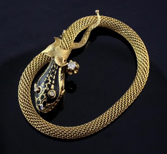 A 19th century style continental 14ct gold, black enamel and diamond set serpent bracelet, overall length 9in.